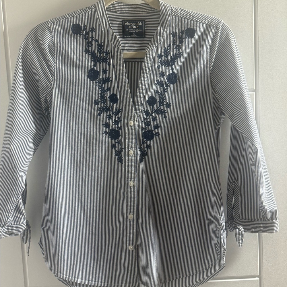 Abercrombie & Fitch Blue and White Striped Embroidered Button-Front Top